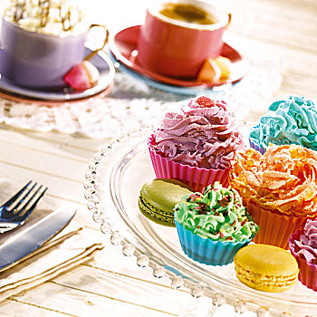 种类,彩色,杯形蛋糕,蛋白杏仁饼干,茶