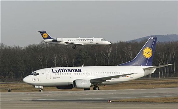 汉莎航空公司,波音,降落,地区性,喷气式飞机,机场,科隆,北莱茵威斯特伐利亚,德国