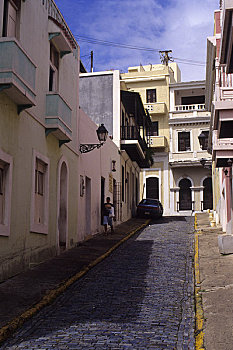 波多黎各,老,圣胡安,殖民建筑,鹅卵石,街道