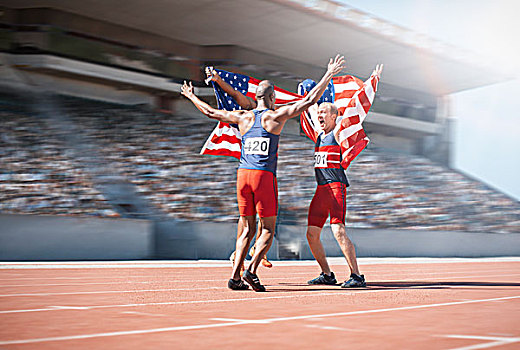 跑步,庆贺,拿着,美国国旗,赛道