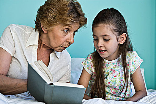 小女孩,读,书本,祖母