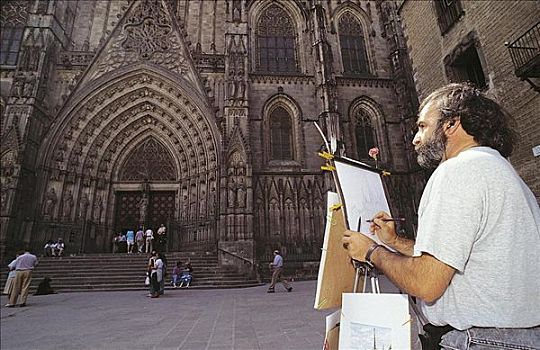 油漆工,正面,大教堂,教堂,巴塞罗那,西班牙,欧洲