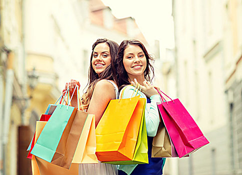 销售,购物,旅游,高兴,人,概念,两个,美女,女人,购物袋