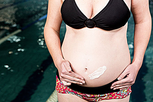 孕妇,穿,腹部,靠近,游泳池