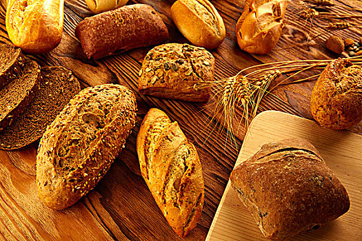 面包,新鲜,多样,混合,金色,乡村,木头,桌子