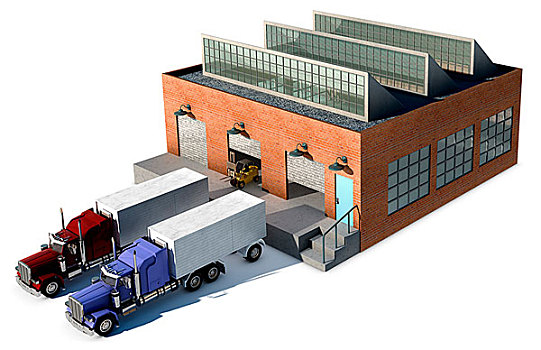 小,工厂,货运卡车,装卸平台,隔绝,白色背景