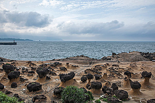台湾新北市万里区,野柳地质公园,的蕈状岩奇特景观岩礁