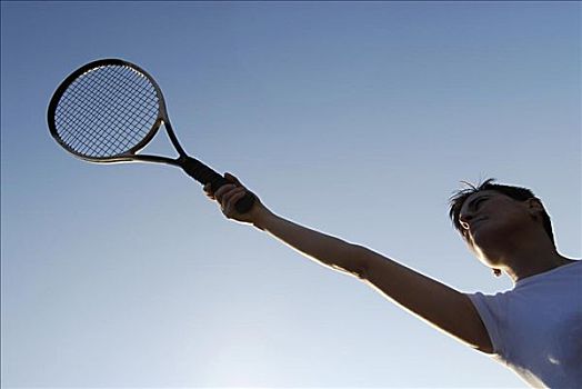 仰视,中年,女人,拿着,网球拍