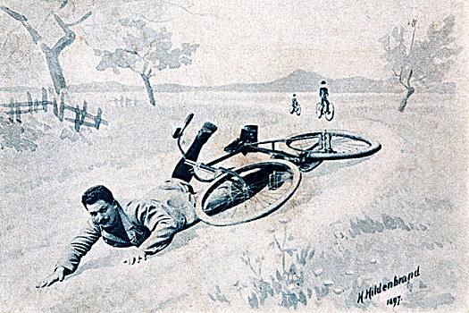男人,落下,自行车,历史,明信片