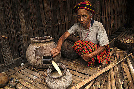 55岁,种族,女人,喂食,生活,猪,房子,乡村,南方,下巴,缅甸