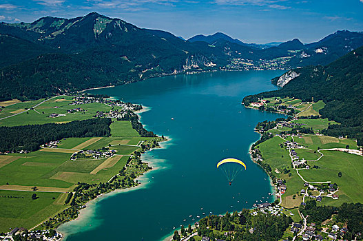滑伞运动,俯视,航拍,萨尔茨卡莫古特,奥地利,欧洲