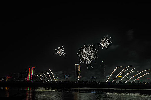 烟花,建筑群,河流,夜景,水,灯,节日