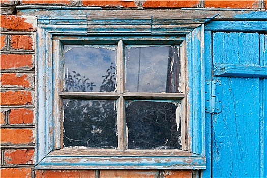砖墙,窗户,蓝色,门