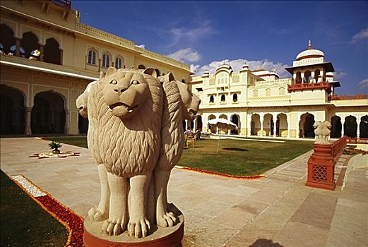 特写,雕塑,狮子,院落,酒店,斋浦尔,拉贾斯坦邦,印度