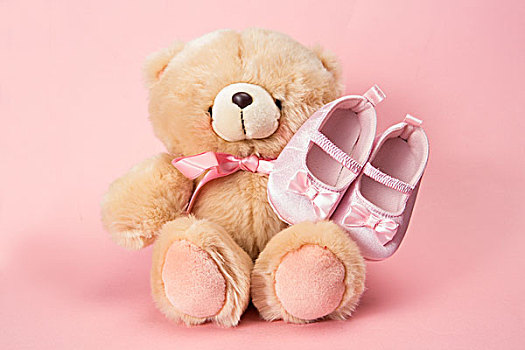 绒毛状,泰迪熊,粉色,丝带,婴儿鞋,粉色背景