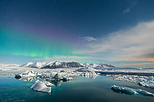 北极光,展示,上方,杰古沙龙湖,冰山,泻湖