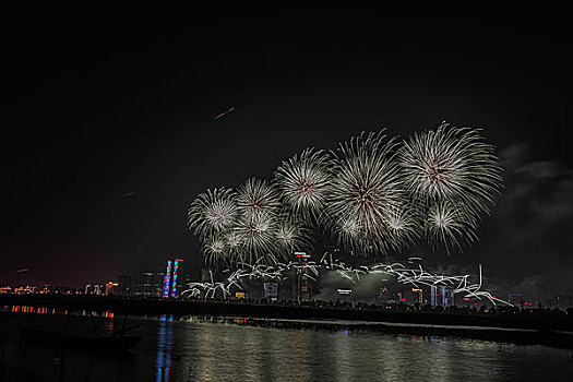 烟花,建筑群,河流,夜景,水,灯,节日