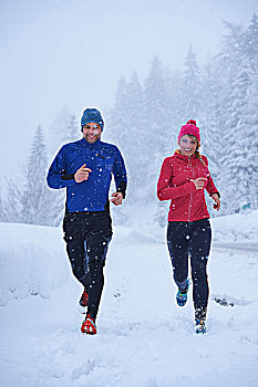 女性,男性,跑步,跑,落下,雪,瑞士