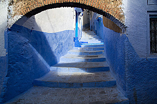 舍夫沙万,蓝色,城市,麦地那,摩洛哥,靠近,地中海,狭窄,小巷,楼梯,区域,步行街