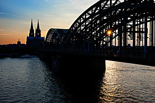科隆,大教堂,桥,剪影,北莱茵威斯特伐利亚,德国,欧洲