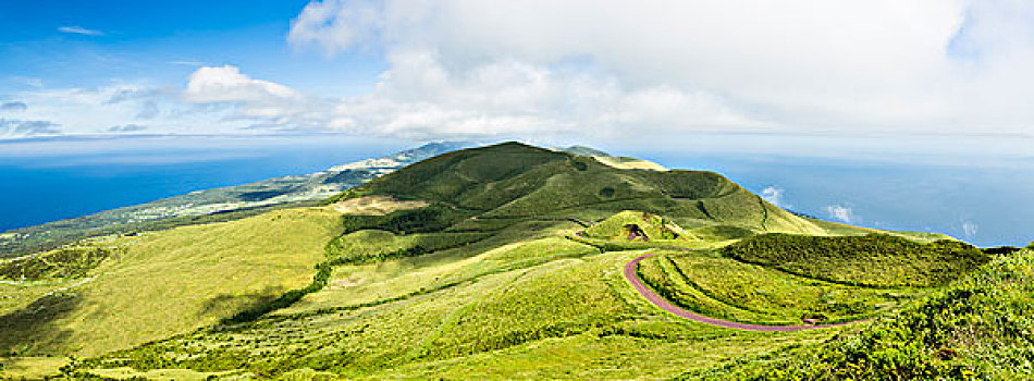 绿色,风景,火山,火山囗,下方,排列,山,大,岛屿,亚速尔群岛,葡萄牙