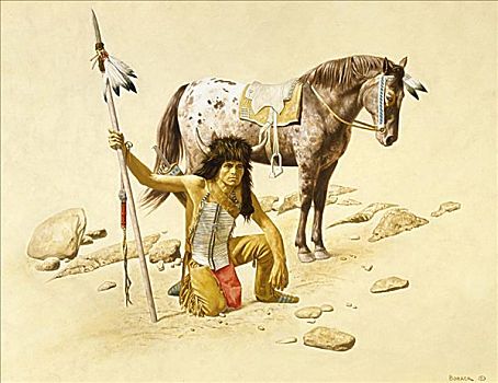 美洲印地安人,跪着,靠近,马