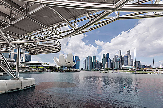 新加坡,螺旋,桥,不锈钢,轨道,科学博物馆,市区,天际线