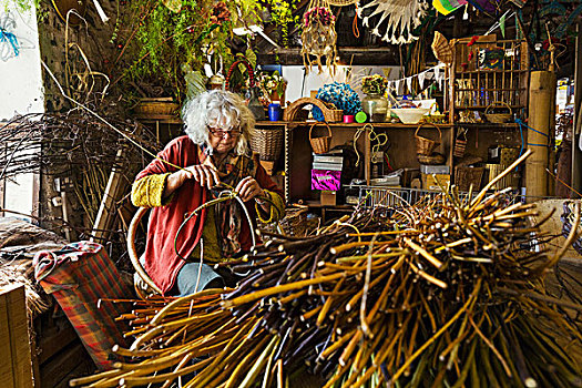 女人,编织,篮子,工作间,捆,柳树