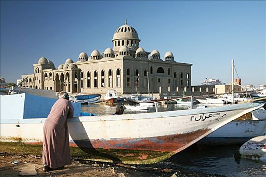 男人,捕鱼,港口,清真寺,背景,埃及