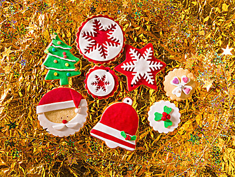 圣诞曲奇,圣诞树,圣诞老人,雪花饼,金色,背景
