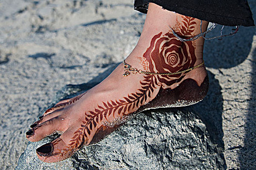 阿曼,女人,脚,指甲花纹身,亚洲