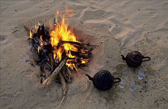 阿拉伯,茶壶,靠近,营火,利比亚