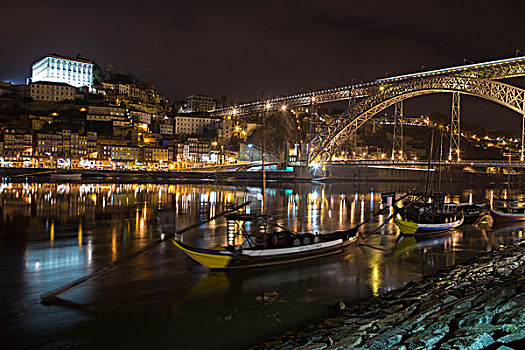 河,船,夜晚,波尔图,葡萄牙