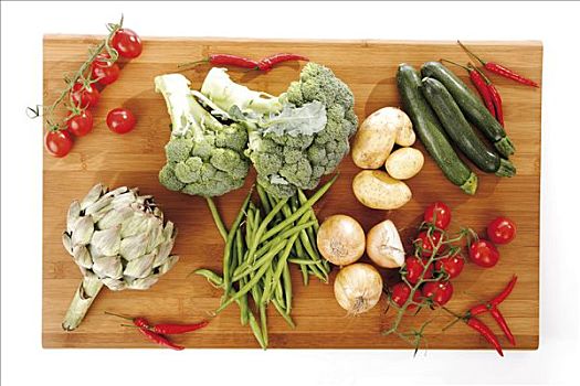 杂蔬,木质,切,洋蓟,花椰菜,夏南瓜,洋葱,豆,西红柿,辣椒