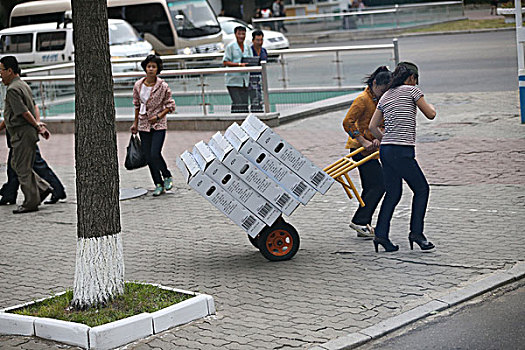 朝鲜平壤街头用小推车小拉车运输货物的人