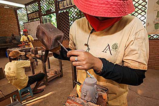 柬埔寨,收获,工匠,吴哥,工作间,雕刻,佛,头部