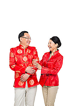 棚拍中國(guó)新年快樂(lè)的唐裝老年夫妻