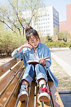 坐在校园里看书的漂亮的女学生