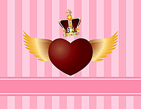 飞,心形,翼,皇冠,粉色背景