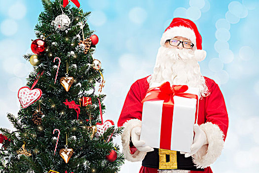 圣诞节,休假,人,概念,男人,服饰,圣诞老人,礼盒,树,上方,蓝色,背景