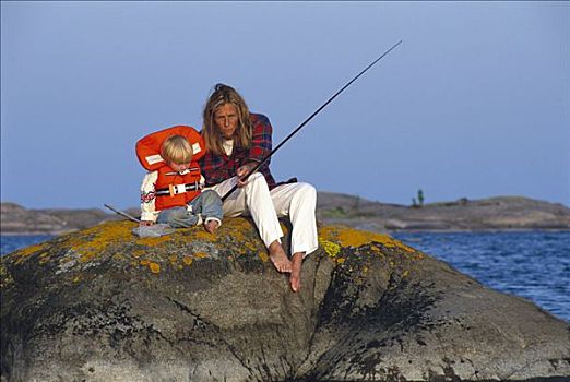 母亲,儿子,钓鱼,群岛,瑞典