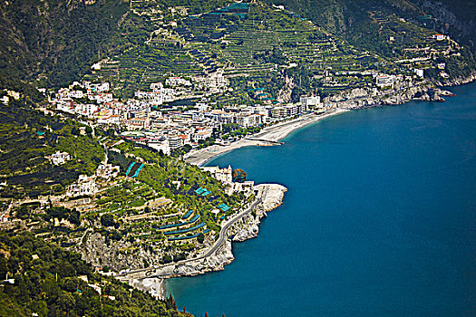 意大利,阿马尔菲海岸,俯拍,城镇,海岸线