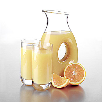 罐,橙汁,两个,玻璃杯,橙子片