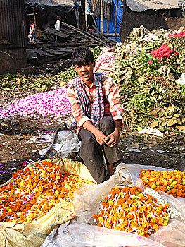 销售,花市,一个,花,市场,加尔各答,印度,十一月,2007年