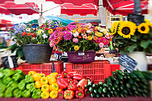 花,蔬菜,市场货摊