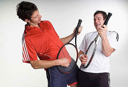 两个,网球手,玩,虚拟吉他,球拍