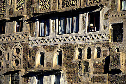 也门,老城,建筑,特写,房子,窗户