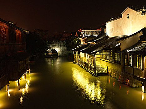 浙江,桐庐,乌镇水乡夜景