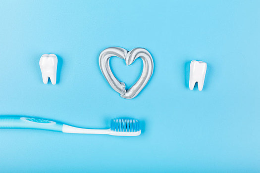 蓝背景上的牙刷和牙齿,爱牙日护牙创意图片