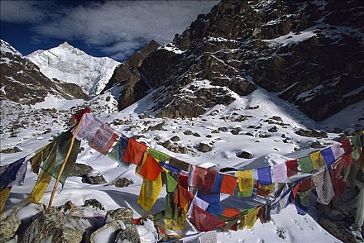 经幡,五个,干城章嘉峰,十四,顶峰,脸,锡金,喜马拉雅山,印度